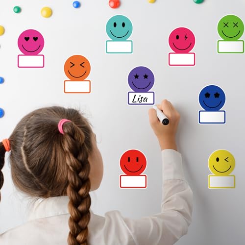Image of Whaline 135Pcs Rainbow Smile Face Name Tag Sticker Back to School Nameplate Decals 9 Designs Happy Face Bright Colors Desk Labels for Classroom Bulletin Board Office Wall Decor