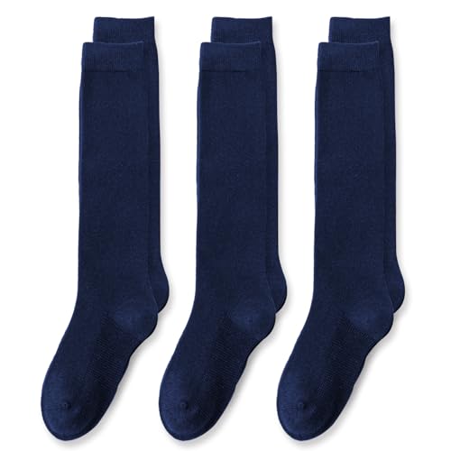 EPEIUS Girls Knee High Socks Seamless Cotton School Uniform Socks Kids Boy Long Sock 8-11 Years Navy Blue 3 Pack (Navy Blue L)
