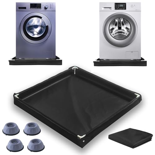 31.5 x 31.5 x 3.9 Inch Washer Drain Pan Mat, With 4 Pcs Anti-Vibration, With Raised Edge Washing Machine Mat, Multi-function Non Slip, Foldable Portable Waterproof Pad, Protect Floor (Black)