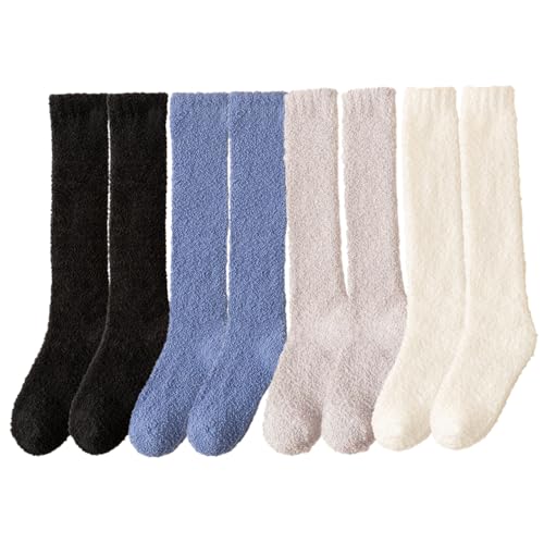 BEAHING - Knie hohe Socken 4 Paare Lange flauschige Socken für EU Größe 35-41 Gemütlich dicke weiche Wintersocken Stecker halten Sie Ihre Füße ＆ Schaft warme Geschenke für Frauen, Knie-hohe Socken für Frauen