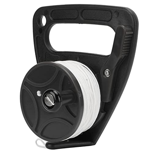 Diving Reel, Scuba Dive Reel with Thumb Stopper, Heavy Duty 46m 150ft White Line SMB Scuba Ratchet Dive Reel for for Cave, Wreck,Drift Diving,Kayak Anchor, Recreational Diving (Black Pulley)