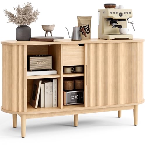 LINSY HOME Sideboard Buffet Cabinet with Storage, 55' Fluted Coffee Bar Cabinet with Tambour Sliding Doors and Drawer, Mid Century Modern Wood Storage Buffet Table for Kitchen, Living Room, Oak