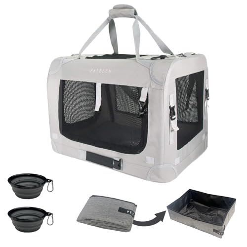 Image of Extra Extra Large Cat Carrier Soft Sided, Portable Small Dog Carrier for 2 Cats, 24 inchx16.5 inchx16 inch Car Travel Folding Comfortable Design with Litter Box and Bowls, Grey+ Litter Box+ Bowl*2