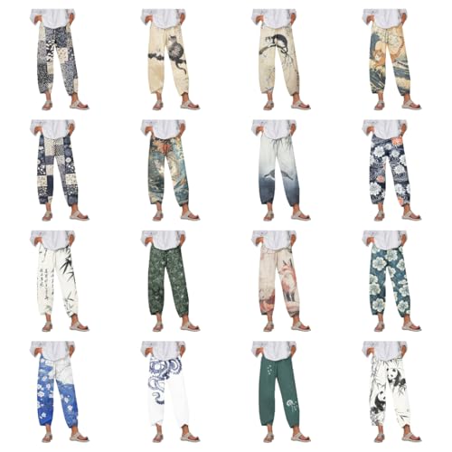 Boho Capri Pants for Women Japanese Asian Palazzo High Elastic Waist Trousers Pants with Pockets Summer Beach3