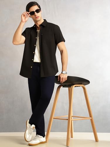 Image of Thomas Scott Men's Premium Slim Fit Casual Shirt | 100% Cotton Twill | Short Sleeves | Spread Collar | Solid Smart Casual Shirt for Men