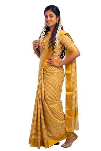 Image of Kerala Traditional Tissue Saree for Women with Running Blouse | South Indian Ethnic Saree for Weddings Onam Vishu Temple Wear & Festivals