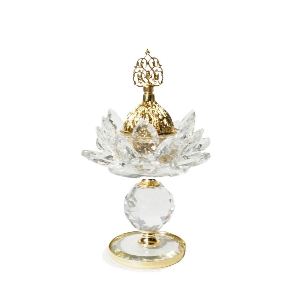 Huffa Clear Crystal Incense Burner Candle Holder With Golden Flame High-Foot Ornament