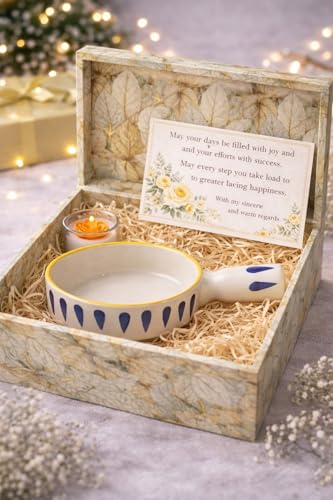 Image of Niyara Stoneware Handmade Ceramic Stylish Premium Serving Bowls /Salad Tray Microwave Dishwasher Safe (Blue & White Bowl with Handle with Candle & Gift Box)