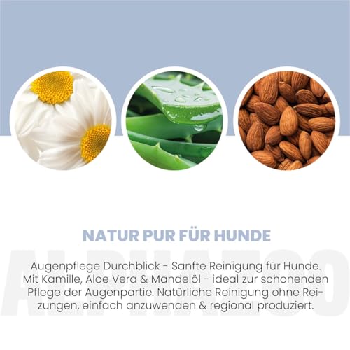 alphazoo Augenpflege Durchblick für Hunde 100 ml – mit Mandelöl, Aloe Vera & Kamille. Sanfte, alkoholfreie Pflege zur Reinigung empfindlicher Augenpartien. Unterstützt Hygiene & Wohlbefinden.