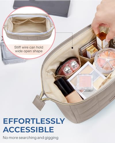 Image of BAGSMART Makeup Bag Travel Toiletry Bag, Puffy Padded Make Up Bags for Women Makeup Organizer Case, Wide-open Pouch Purse Travel Essentials Toiletries Accessories Brushes, Camel