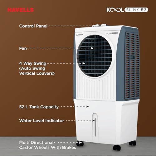 Image of Havells KoolBlink 52 L Air Cooler for Room|Powerful Air-Delivery|Dual Flow Technology|3 Side Bacteria Shield Honeycomb Pads|Double Ball Bearing Motor|Front Wheels with Brake|Inverter Compatible