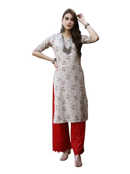 Pinkmint Elegant Printed Crepe Kurti's For Women's Ll Fashionable Kurti Ll Straight Round Neck Kurti (Pack Of 1) Cream