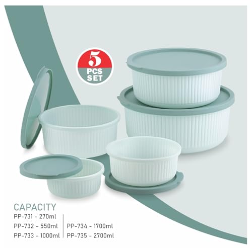 Image of Round Fridge Storage Boxes Set, 5 Piece Plastic Stackable Bowls with Airtight Lids For Kitchen and Freezer Safe Containers - 270ml, 550ml, 1000ml, 1700ml, 2700ml, Mint Green