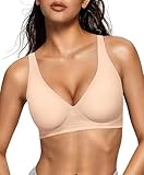 OEAK Womens Deep V Bras Comfortable Bras Support Push Up Bralettes Low Cut no Underwire Bras Plunge Seamless Tshirts Bras Semolina S
