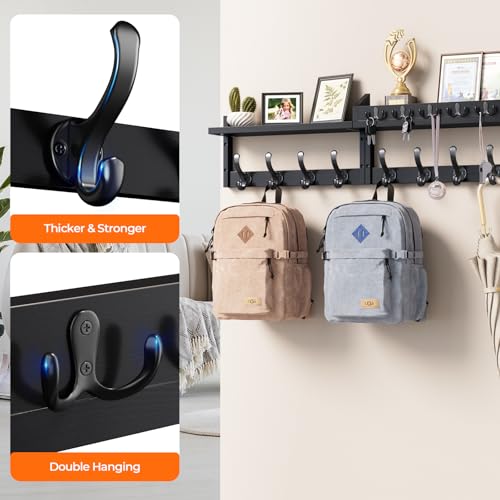 Image of Evermagin 35 inch Coat Rack Wall Mount with Shelf, 4 in 1 Wall Mounted Coat and Key Hanger with 13 Hooks, Entryway Key Holder with Mail Holder for Living Room, Bedroom, Black