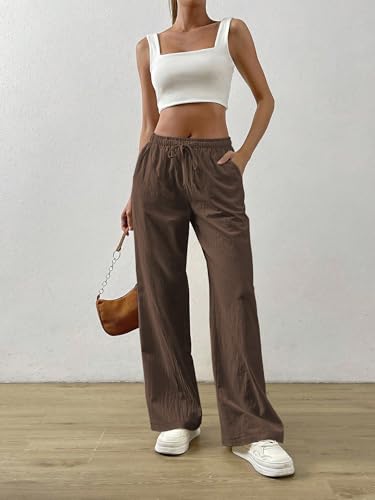 Image of TOPLOT Women's Linen Blend Wide Leg Palazzo Pants | Elastic Drawstring Waist Trousers for Woman | Relaxed Fit Casual Lounge Trousers | Breathable Straight Leg Everyday Bottom Wear (5268)