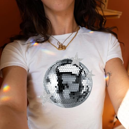 Disco Ball Baby Tee - Y2K Aesthetic Baby Tee, Mirrorball Aesthetic Graphic Tshirt, Y2K 90s Fitted Shirt4