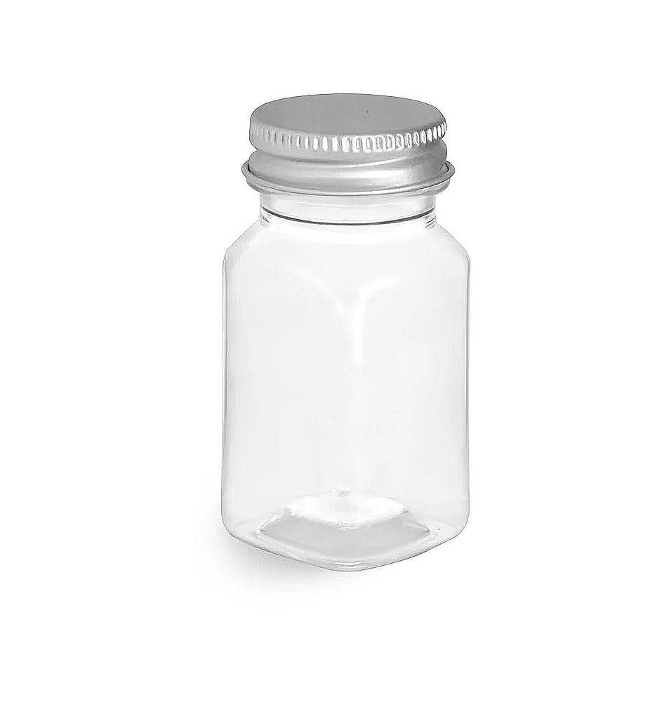 2 oz Clear PET Square Bottles w/Lined Aluminum Caps