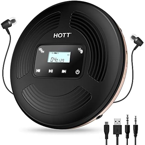 HOTT CD903TF Portable CD Player for Car with Bluetooth FM Transmitter，Rechargeable Touch Button Backlight Display Black Cover