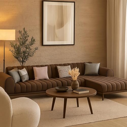 Image of Casaliving Herrick RHS 6 Seater L Shape Sofa Set with 2 Puffy for Living Room (Brown Velvet Fabric) Premium Velvet Fabric Sofa Set