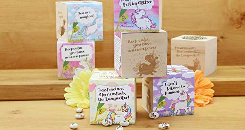 Grow Your Own Einhornbohne, Holzwürfel Mit Lasergravur «Fresst Meinen Sternenstaub, Ihr Langweiler», Nachhaltige Geschenkidee, Anzuchtset, Ecocube, Made in Austria & 296725 Grow Your Own Einhornbohne - Image 5
