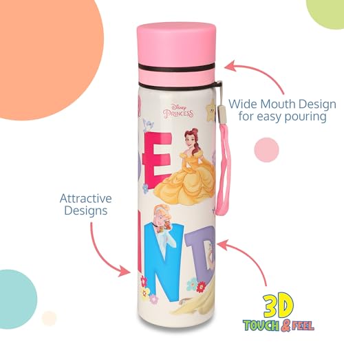 Image of SKi Homeware ALIA Premium Stainless Steel Sipper Bottle for Kids | 3D Disney Touch & Feel Print | Wide Mouth + Sipper | BPA-Free, Odorless | 900ml | Leak-Proof | Carrying Sling (Princess)