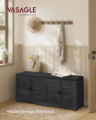 Image of VASAGLE Shoe Storage Bench with Cushion, 3-Tier Entryway Bench with Padded Seat, Doors, Adjustable Shelves, 14 x 47.6 x 20.7 Inches, for Hallway, Bedroom, Charcoal Gray and Ink Black ULSB048BA01