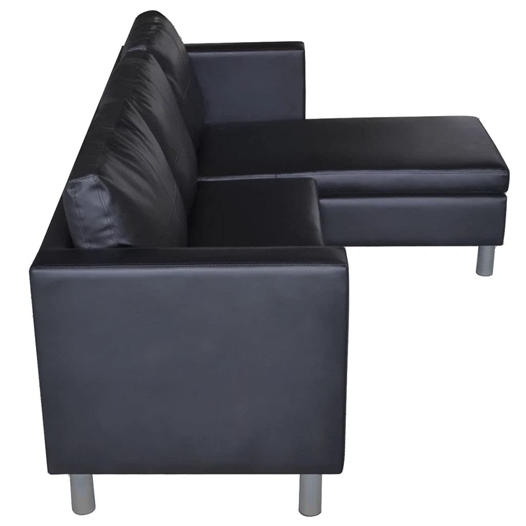 Sofá en forma de L de 3 plazas, sofá de salón, sofá acolchado, para salón, dormitorio, oficina, apartamento, centro de entretenimiento familiar, sofá de montaje, piel sintética, color negro