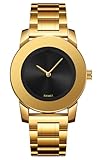 Gosasa Elegant Unisex Stainless Steel Waterproof Quartz Watch with Diamond Accents - Minimalist Luxury Business Casual Wrist Watch for Men and Women (Gold Black)