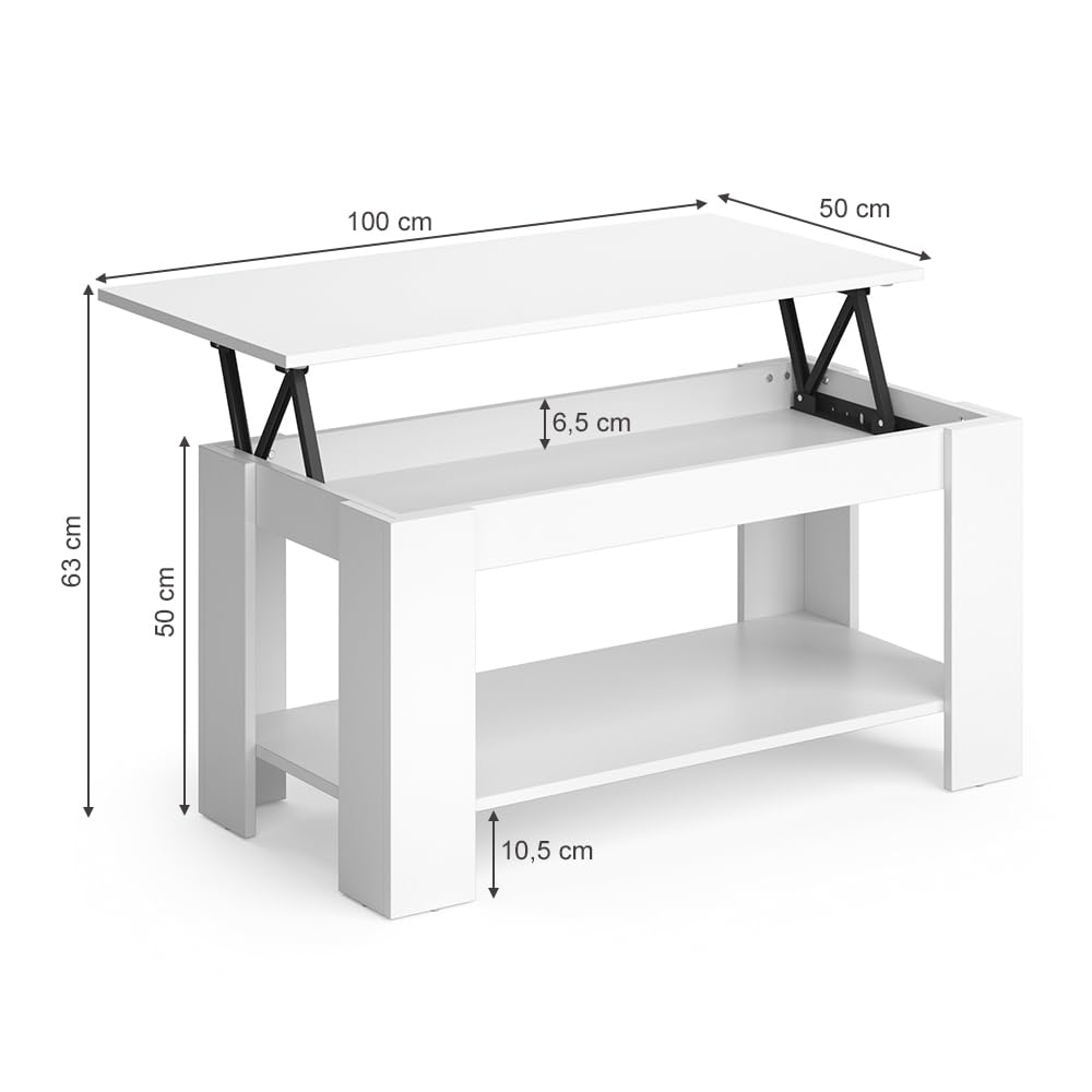 Vicco Couchtisch Lorenz, Weiß, 100 x 50 cm | mit Liftfunktion, mit Hebemechanismus und höhenverstellbarer Tischplatte