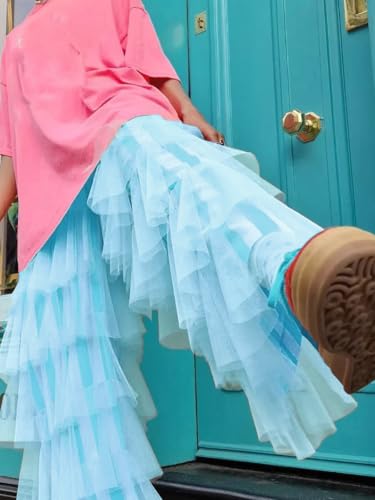 Women Tiered Ruffled Tulle Pants Casual Mesh Ruffles Stripe Print Elastic Trousers for Daily Streetwear4