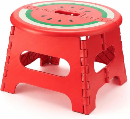 Image of Premium Folding Step Stool for Adults and Kids Non-Slip Folding Stools with Portable Handle, Compact Plastic Foldable Step Stool for Bathroom,Bedroom, Kitchen (Watermelon RED)