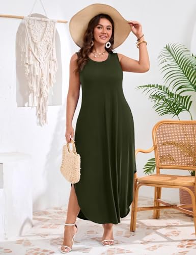 Image of JollieLovin Women Plus Size Summer Tank Maxi Dresses Sleeveless Causal V Neck Beach Long Dresses Swim Cover up (L-5X)