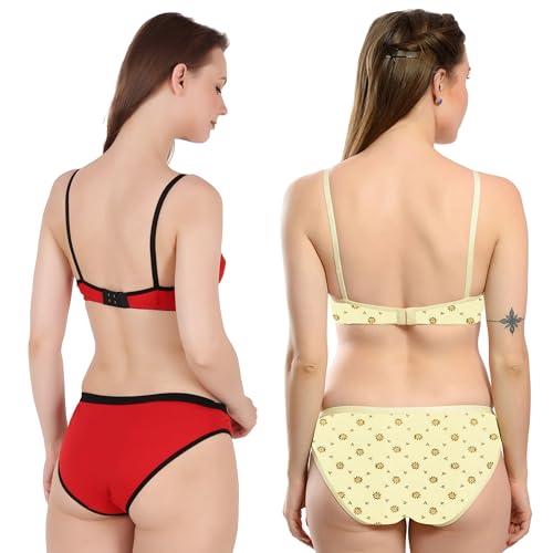Image of Solid Printed Polka Cotton Bra & Panty Lingerie Set Combo for Women S to 3XL