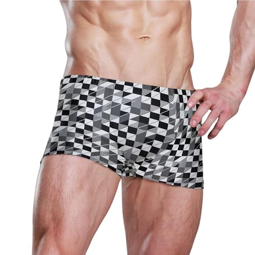Black and White Buffalo Check Plaid Mens Swim Trunk Bathing Suit Swim Brief Square Leg Board Short S B04039413