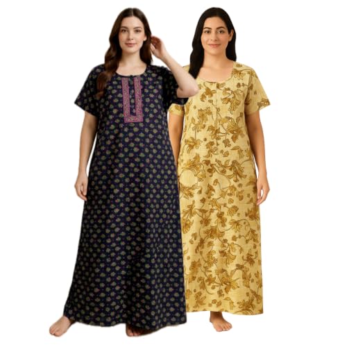 Image of Bahumaan Nighty for Women Cotton Combo Pack of 2 | Free Size Gown for Women Cotton with Side Pocket | Nighties for Women Pure Cotton Combo Stylish | Maxi Sleepwear