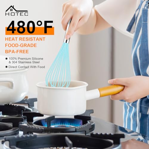Image of HOTEC 4 Pieces Silicone Whisks Set, Wire Balloon Whisks for cooking Egg Beater, Non-slip Handle Whisk for Non-stick Cookware Perfect for Cooking, Stirring, Beating and Blending,Blue