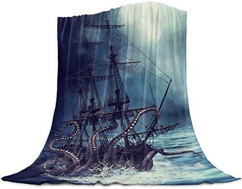 Pirate Boat Throw Blankets for Pet Adult Child Woolen Blanket Octopus Kraken Sail Pirate Ship Boat Ocean Sea Wave Microfiber Flannel Blanket Suit for Home Bed Sofa Dorm 60" x 80"