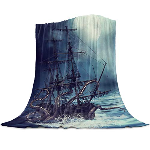 Pirate Boat Throw Blankets For Pet Adult Child Woolen Blanket Octopus Kraken Sail Pirate Ship Boat Ocean Sea Wave Microfiber Flannel Blanket Suit For Home Bed Sofa Dorm 60" X 80" #TOP1