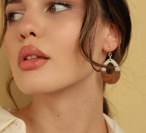 POMINA Lightweight Fashion White Earrings for Woman Oval Teardrop Dangle Earrings Geometric Colored Resin Wood Earrings Two Tone Color Spring Gold Drop Earrings4