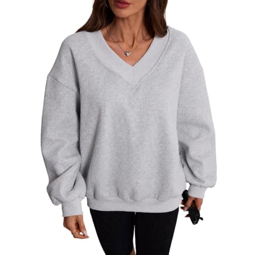 FULILYEO Womens V Neck Oversized Sweatshirts Long Sleeve Pullover Fleece - image 4
