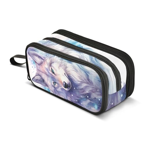Image of Wolf Watercolor Pencil Case Box Boys Girls Large Pencil Pouch Zipper Compartments Big Capacity Stationery Pen Bag Organizer for Kids Teens Adults School Office
