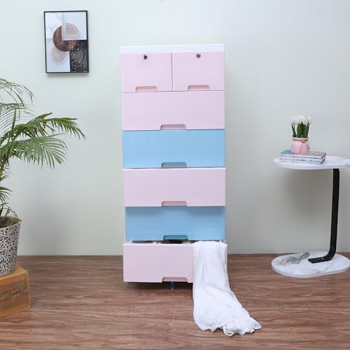 Image of The Tickle Toe Plastic Chest of 7 Drawers for Kids | Multipurpose Organizer with 2 Locks | Glossy Dresser for Clothes & Toys | Portable Cabinet | L51xW33xH121 cm | 5 Pink & 2 Blue Drawers