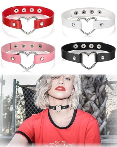 UYRVAPE 4pcs Tattoo Choker Leder Halsband Lederhalsband Damen, Leder Halskette Halsband Anhänger Choker Tattoo Kette Schwarz Pink Rot Weiß Silber...