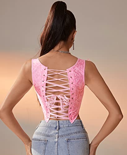 Image of Dreay Womens Vintage Asymmetrical Hem Overbust Corset Tie Front Lace-up Back Bustier Shapewear Top