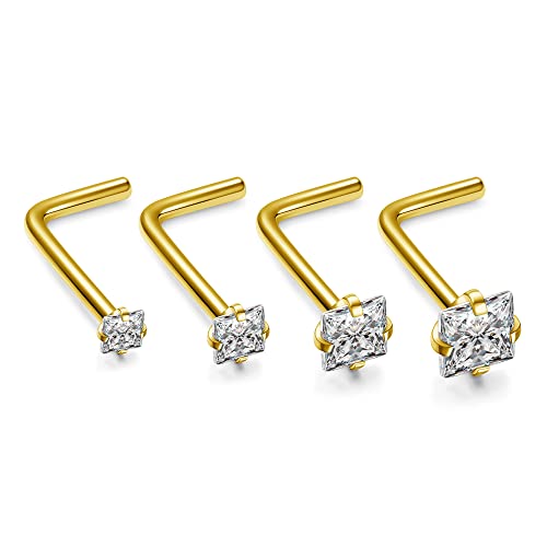 PiercingJak 4Pcs Piercings Nez Courbe Tige L Zirconium Cubique 20Ga Boucle de Nez Acier Inoxydable Piercing au Nez Lot Strass Blanc 1,5mm/2,0mm/2,5mm/3,0mm Bijoux de Corps Femme Homme-Or