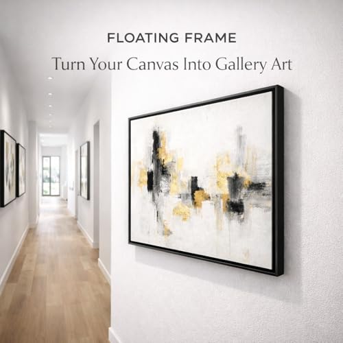 Image of Premium Canvas Floating Frame - 1.25 inch Gallery Depth Floater Frame with Faux Wood Grain PS Finish, Handcrafted in USA for Wall Art (Black 14x16)