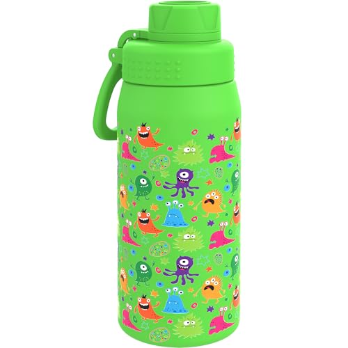 GOPPUS 550ml/19oz Kids Insulated Water Bottle with Screw Lid (No Straw) Stainless Steel Toddler Bottle School Flask Girls Boys Drinks Cup with Handle & Leakproof & Keep Drinks Cold (Black)