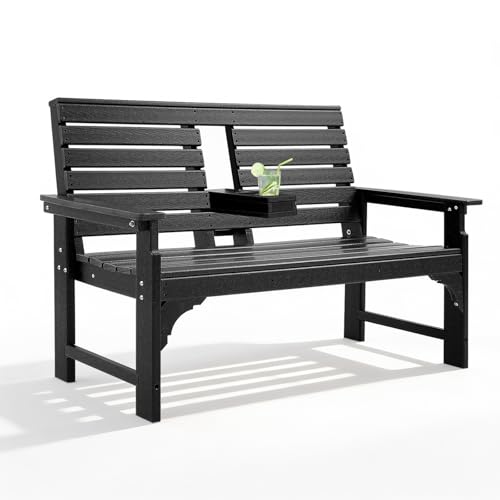 KULAMOON Outdoor Bench Weatherproof - HDPE 2-Person Garden Bench with Cup Holders Bench Furniture with Backrest and Armrests 700 lbs Capacity Patio Park Bench for Front Porch Backyard Park (Black)
