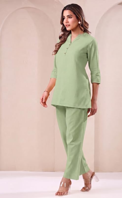 Image of Co Ord Set for Women Stylish Pure Cotton Airy Linen Lounge Wear Kurta Coord Set for Women | Regular Fit Solid Summer Kurti Set Casual, Travel, Office Formal Wear